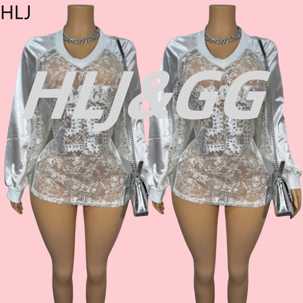 

HLJ Fashion Embroidery Lace See Though Loose Tshirt Women V Neck Long Sleeve Letter Rhinestone Top Y2K Sexy Patchwork Streetwear