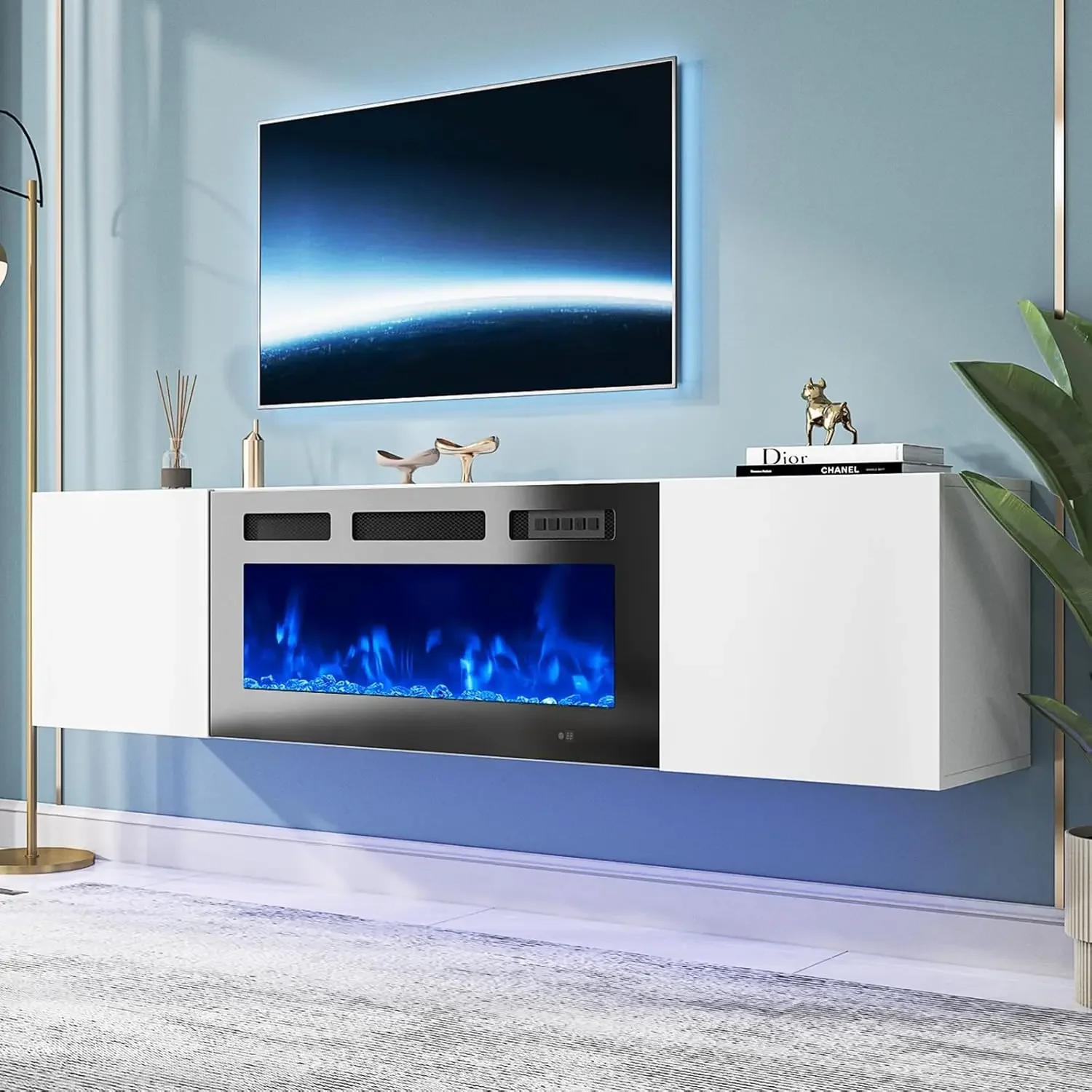 Floating TV stand with 36-inch electric fireplace, 70-inch TV console with fireplace, floating TV stand/TV cabinet