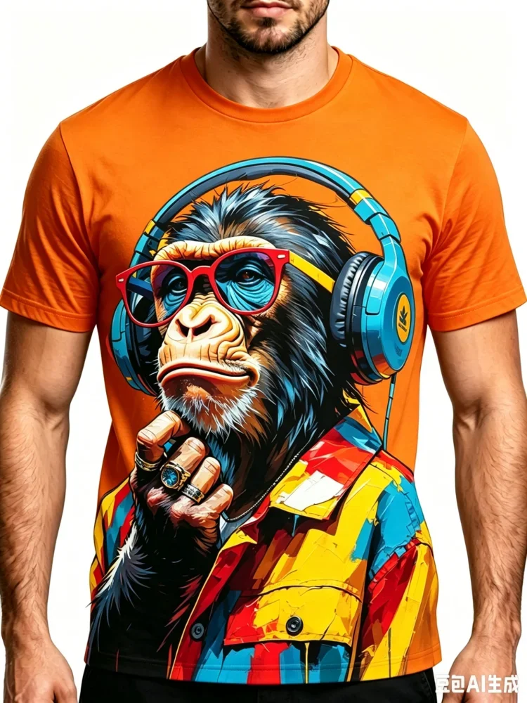 Fashion New 3D Cool Monkey Print Men's T-shirt Trend Street Hip-hip Men's Clothing Summer Casual Crew Neck Short Sleeve Tops