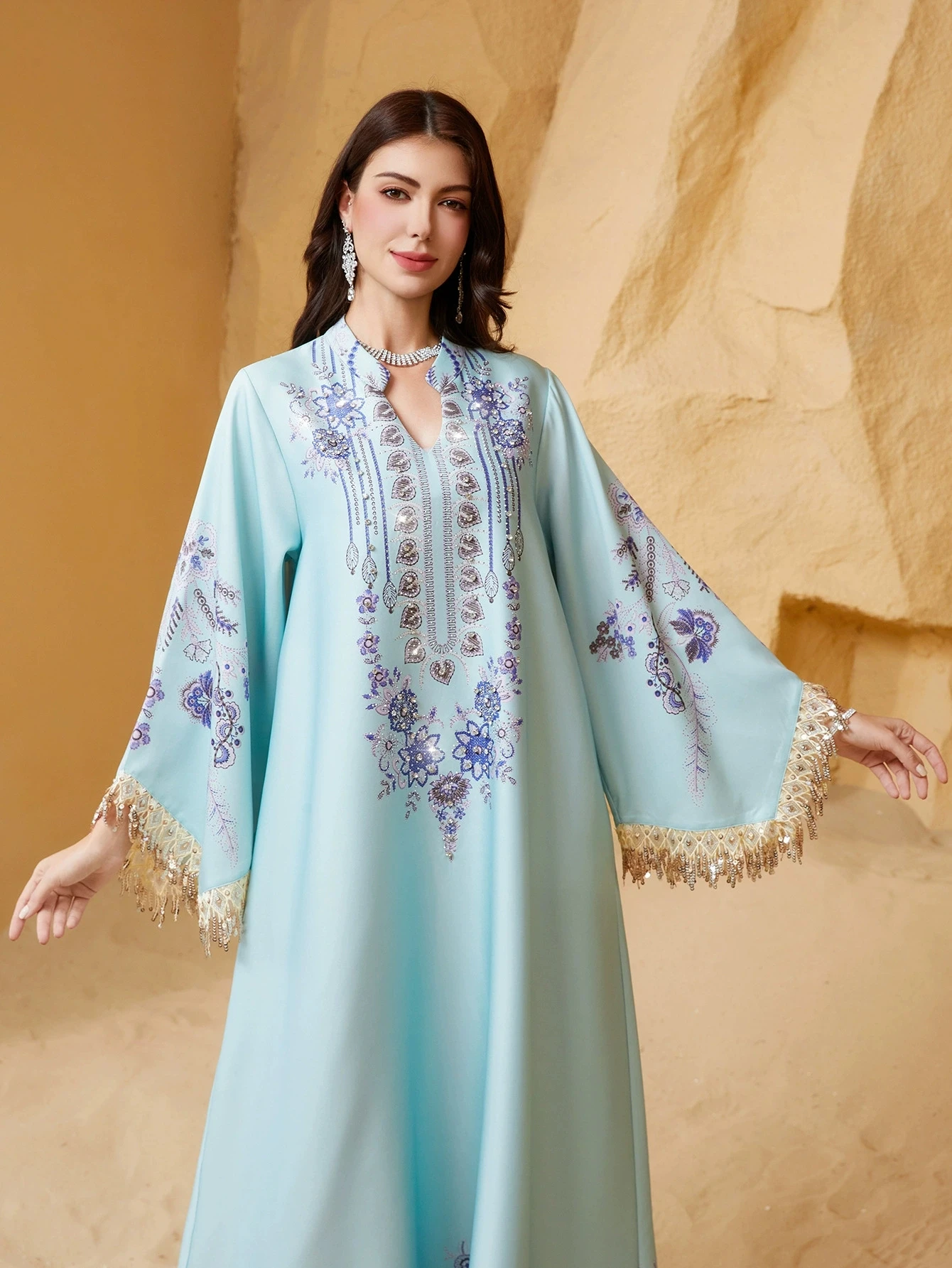 

Eid Abaya Elegant Colorful Flowers Printed Dress Muslim Women Tassels V-neck Jalabiya Diamonds Jilbab Loose Robe Arabia Kaftan