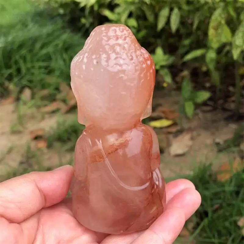 10CM Natural Red Fire Quartz Hematoid Buddha Carving Figurine Ornament Feng Shui Craft Home Decor Stone Holiday Gift