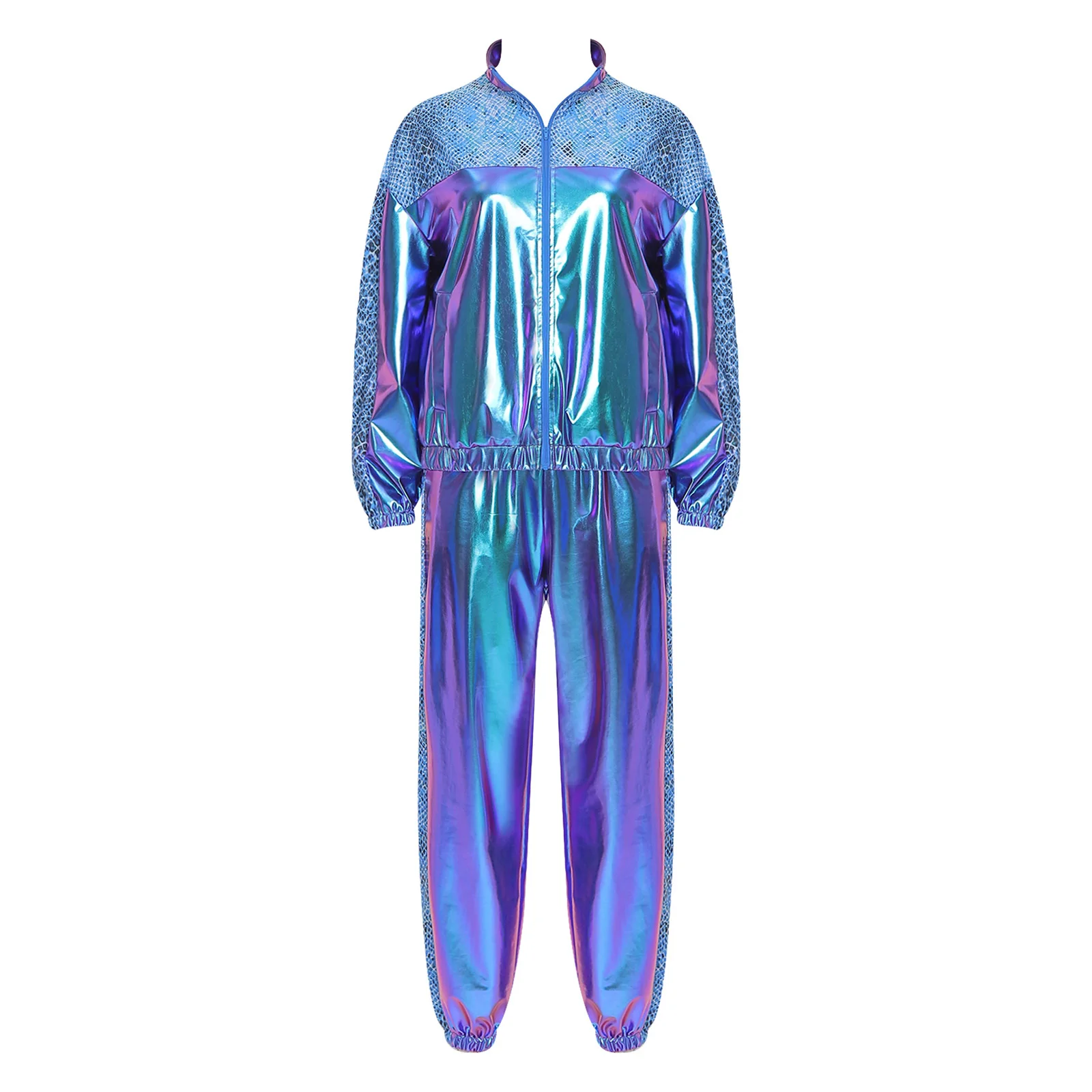 Damen Metallic Glänzendes Disco Hip-Hop Kostüm 80er Jahre Jazz-Tanz-Outfit Langarm-Jacke mit Frontreißverschluss und Jogginghose – Detail 21