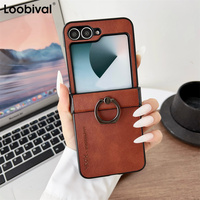 For Samsung Z Flip6 Flip 5 4 3 Luxury Leather Ring Holder Phone Case for Galaxy Zflip5 Z Flip3 Flip4 3in1 Hinge Protection Cover