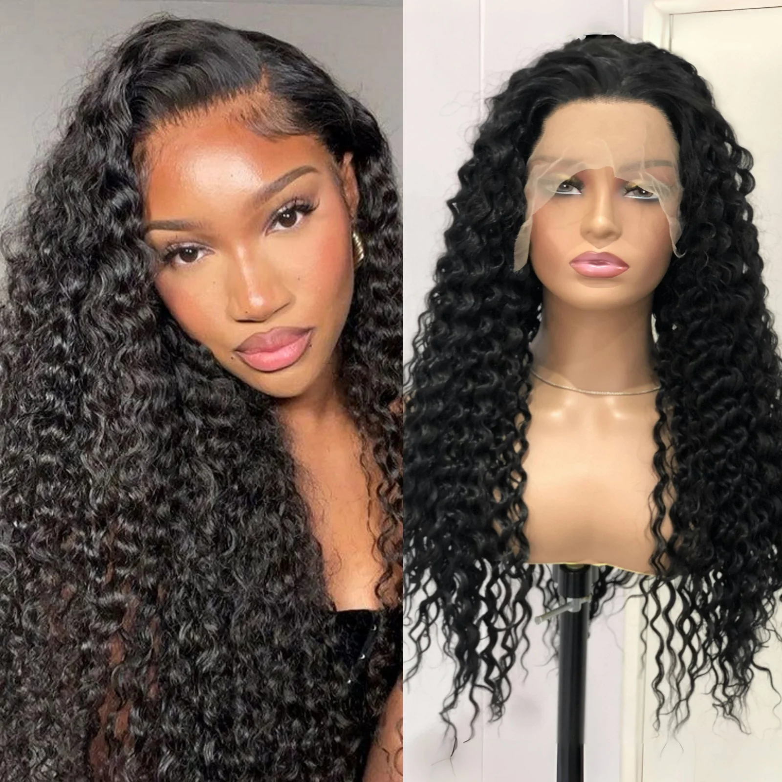 

Black Wig Deep Curly Synthetic Lace Front Wig Glueless Frontal Long Black Hair Afro Kinky Curly Wigs for Black Women Party Daily