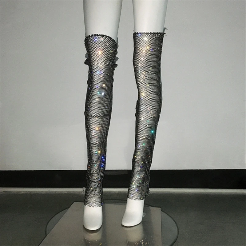 

Women Sexy Fishnet Mesh Thigh Highs Leg Waremr Sparkly Rhinestones Diamond Sheer Over Knee Leg Cover Festival Long Socks