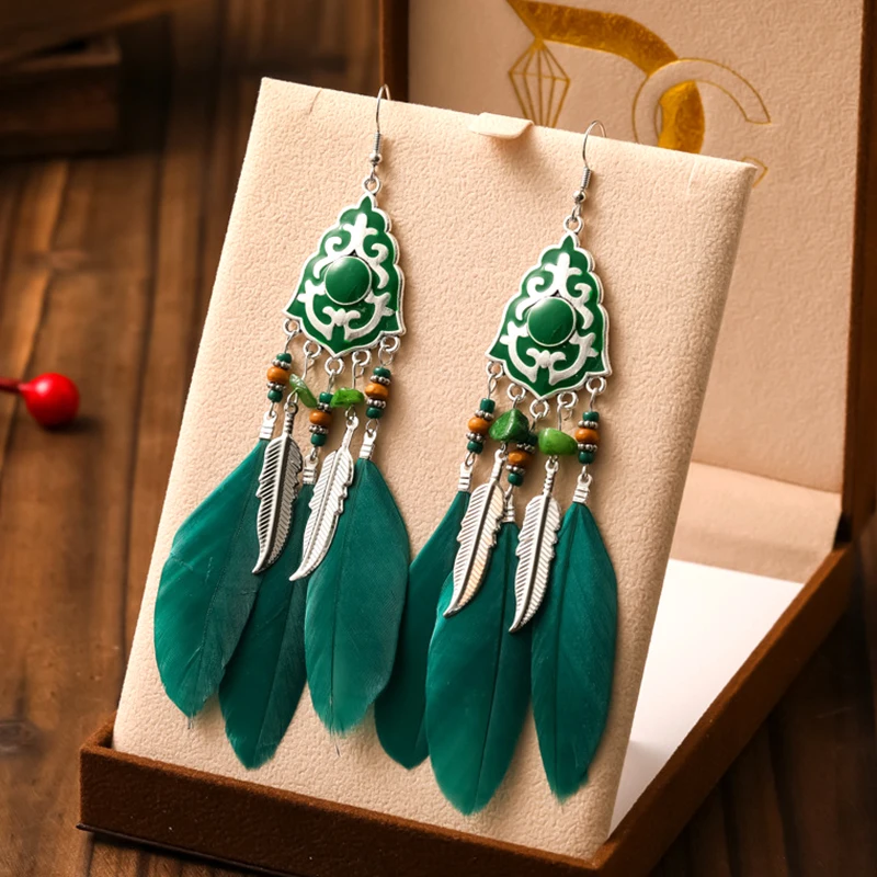 Fashion Boho Green Enamel Feather Earrings for Women Elegant Crystal Bead Stone Water Drop Earring Vacation Party Daily Jewelry