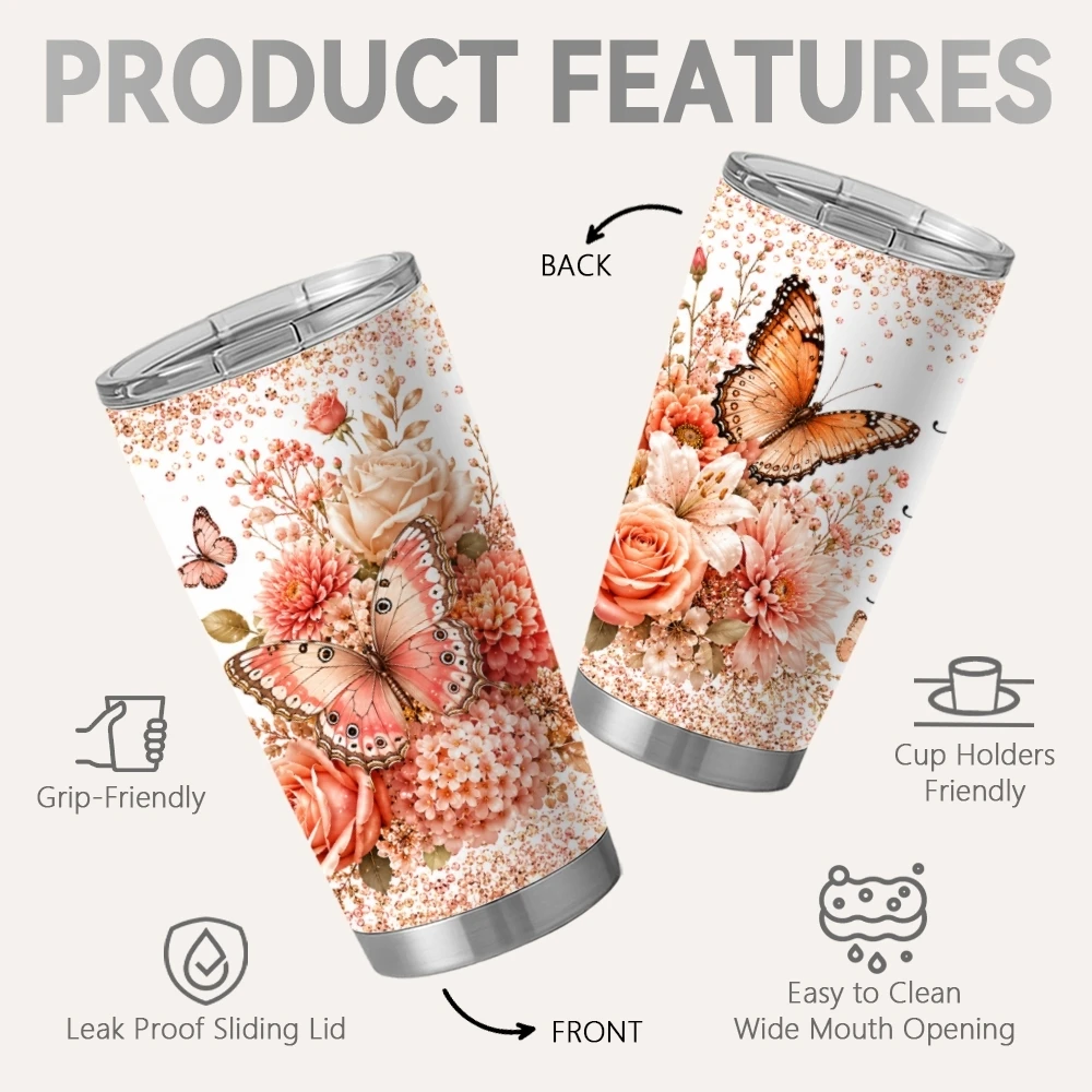 Positive Butterfly Floral Prints Vacuum Flasks 20oz Coffee Tumbler With 2 Lids & Straw Stainless Steel Vacuum Insulated Mug
