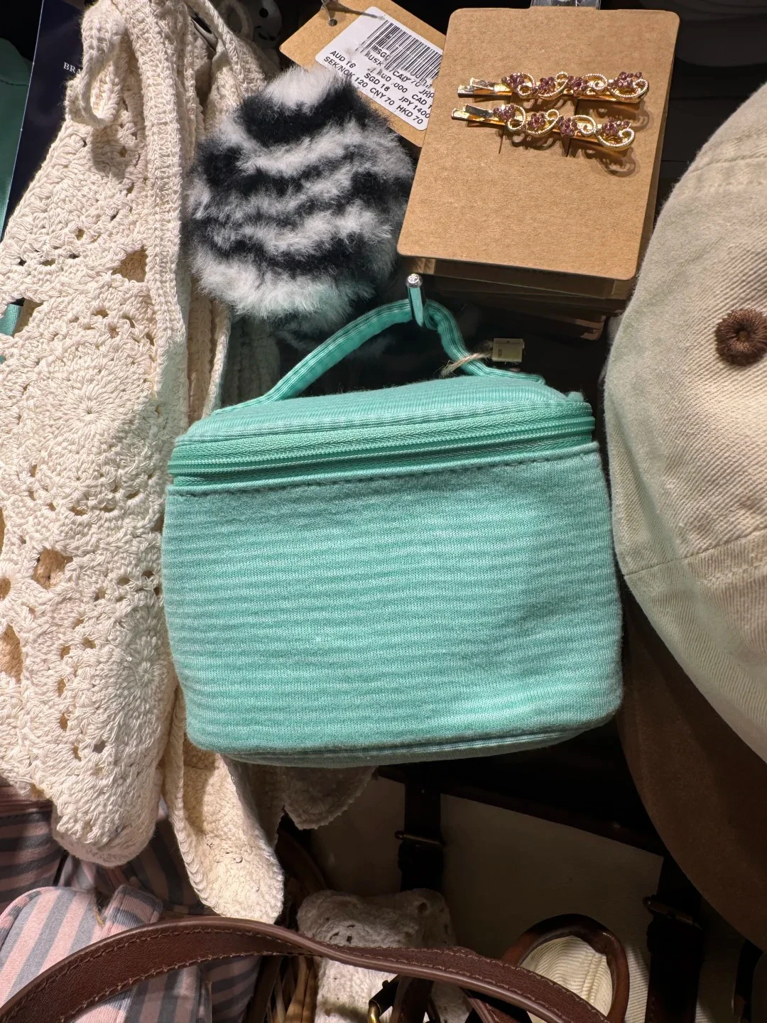 Mint Green Striped Flip-top Makeup Bag Women Portable Zipper Cosmetic Travel Organizer Cute Sweet Mirror Handbag Toiletry Pouch
