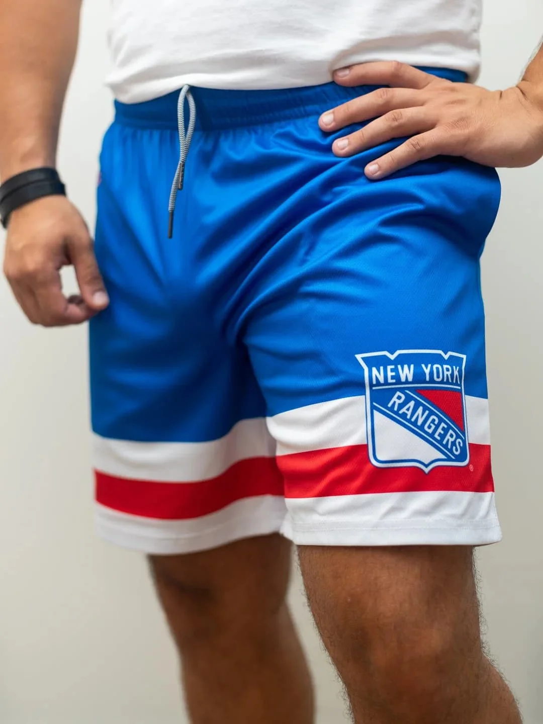 Retro New York Rangers Ice Hockey Shorts Men Bright Blue White Red Stripes Breathable Mesh Drawstring Waist Training Fan