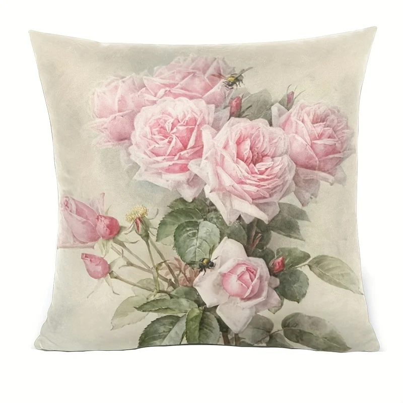 1pc Square Decorative Throw Pillow Case Cushion Cover Vintage Pink Rose Floral Pillowcase  Home Decor, (No Pillow Core)