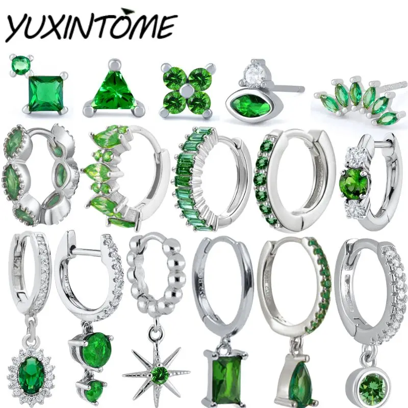 

925 Sterling Silver Ear Needle Classic Retro Silver Green Series Hoop Earrings Pendant Women's Light Luxury Fashion Accessories