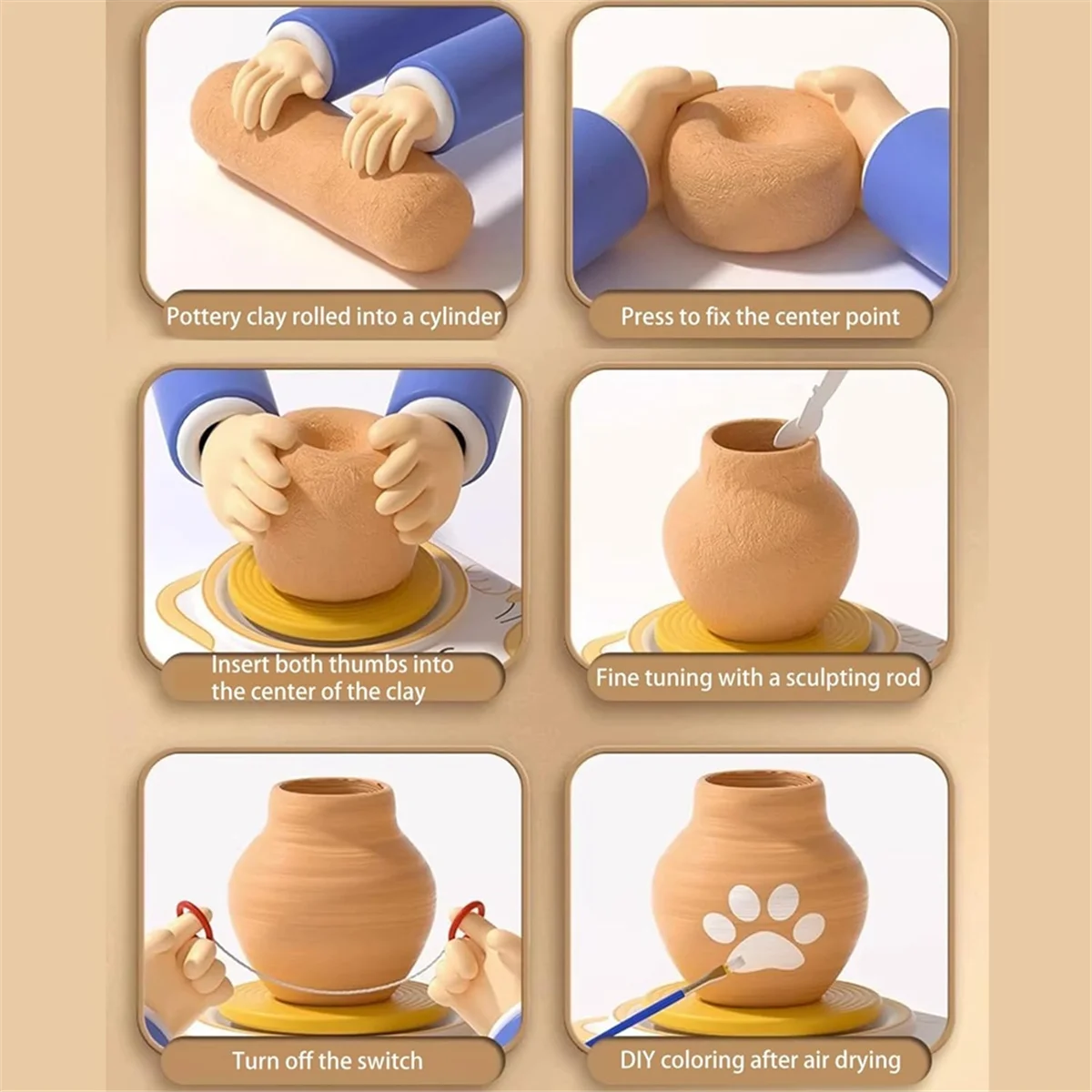Ruota in ceramica per bambini-strumenti per scolpire l'argilla e Kit di pittura, Kit fai da te per principianti, confezione da 6 argilla da modellare, Kit di artigianato