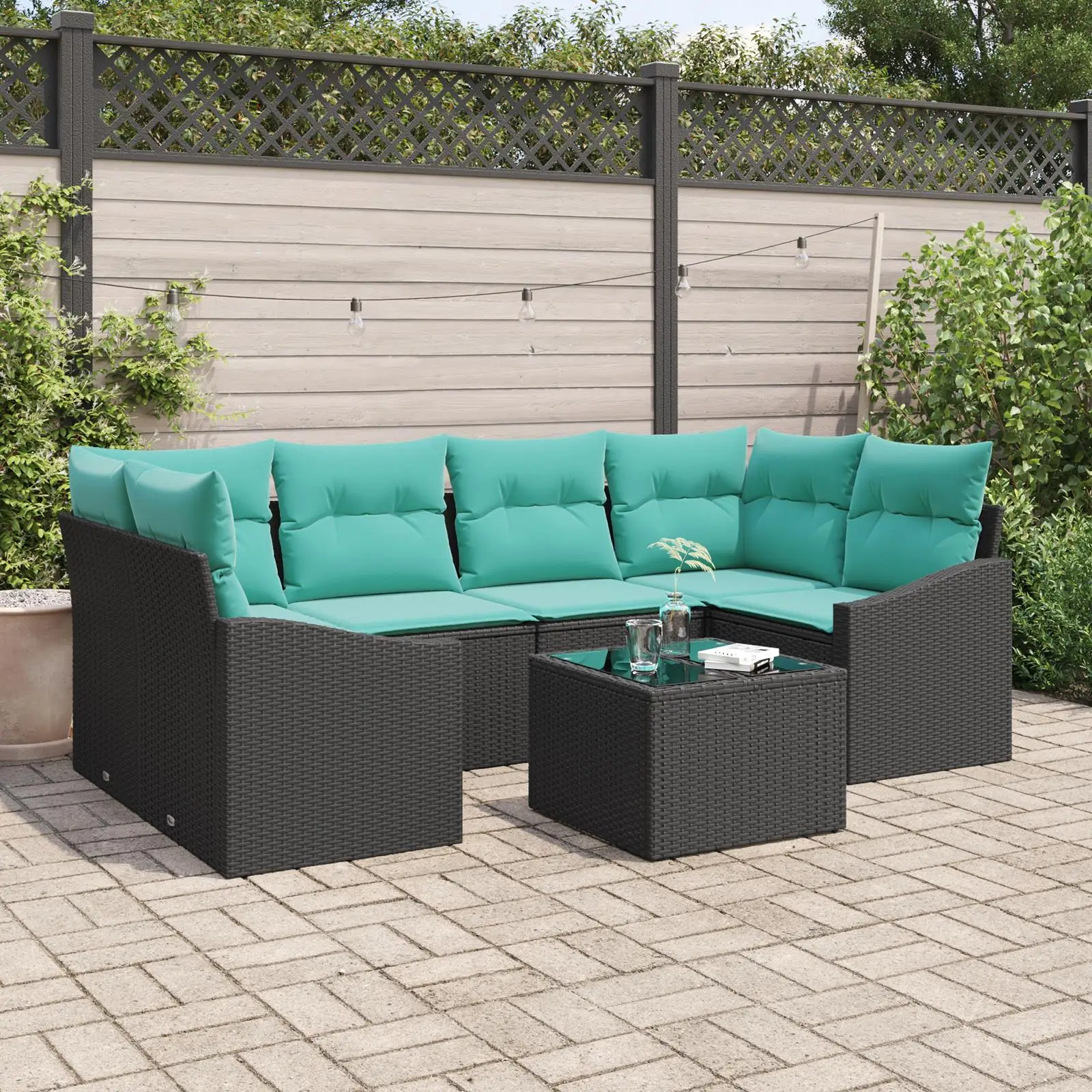 

7 Piece Black Poly Rattan Garden Sofa Set with Cushions Outdoor Furniture Patio Relaxation