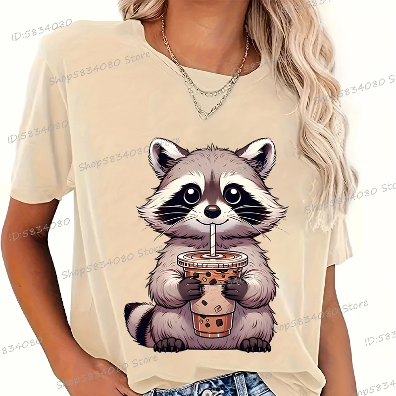 Trash Raccoon Latte Printed Womens T-Shirt Harajuku Cartoon Animal T Shirt Fashion Causal Women's Clothing Summer Raccoon Tops