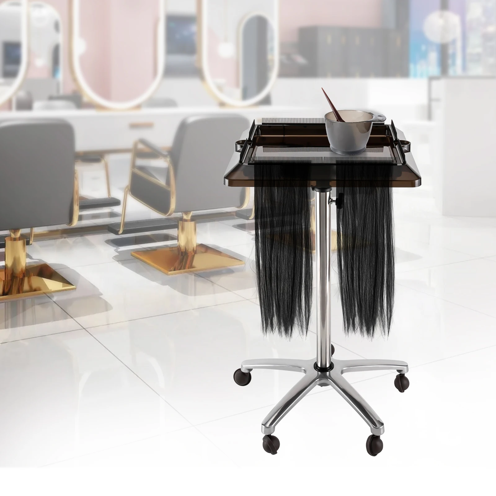 Adjustable Height Rolling Salon Tray Cart  w/Wheels, Hair Salon Wig Holder Removable Hair Extension Tool Tray