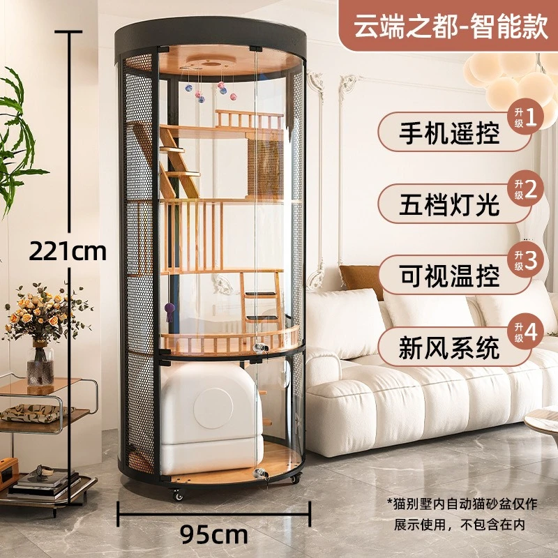 Panoramic 360 Round Cat Villa Luxury Large Solid Wood Glass Cat Nest for Home Use