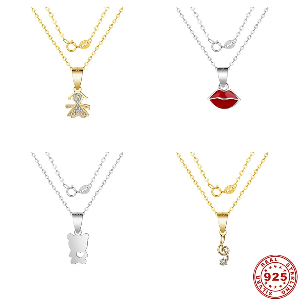 

1pcs 925 Sterling Charm Girl Bear Lips Pendant Necklace for Women Jewelry 45cm chains