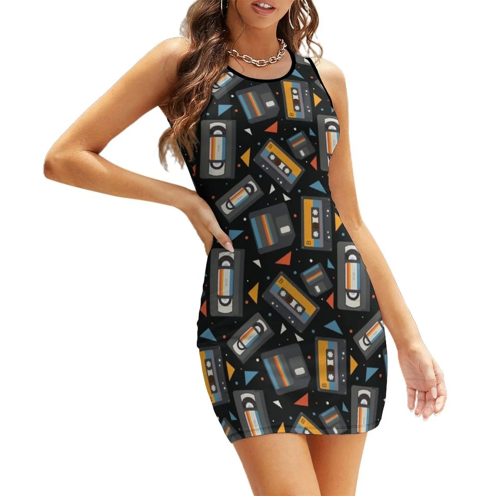 

Retro Cassette Tape, VHS, Floppy Disc Pattern Sleeveless Sundress bandage dress dresses korean style
