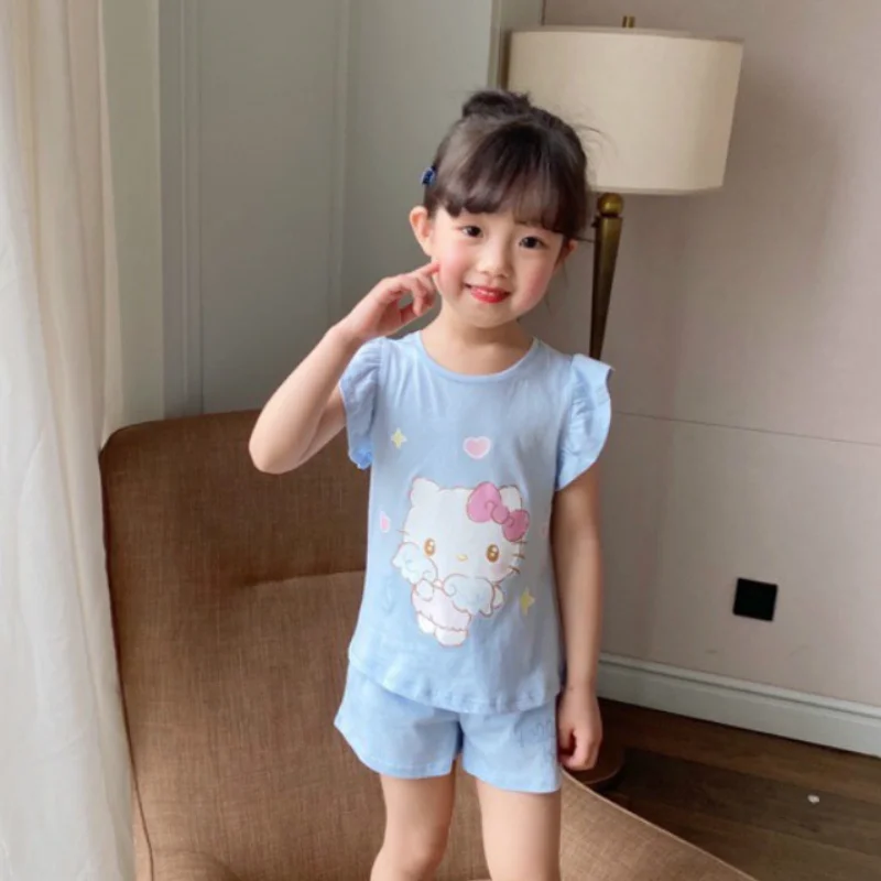 2Pcs Kawaii Sanrio Hello Kitty Kids Suit Summer My Melody Short Sleeve Pajamas Set Cute Cinnamoroll Clothing Children Nightgown