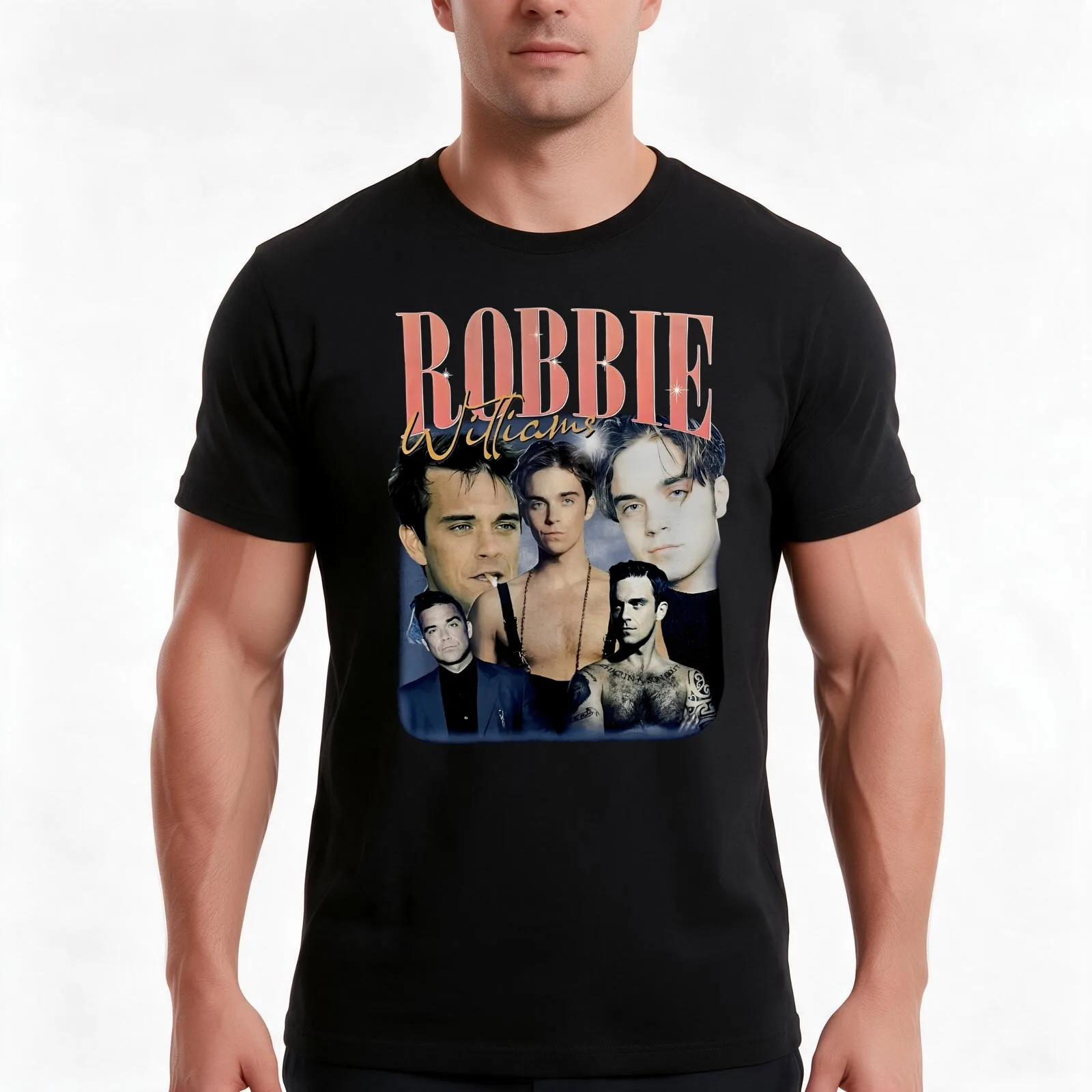 Robbie Williams 2025 Tour Retro Fan Art T-Shirt, Summer Casual Cotton Tee, Oversized Streetwear Tops, Vintage Graphic Print