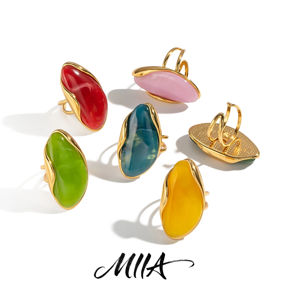 Miia Jewelry 18K Gold Plated Stainless Steel Open Adjustable Ring Irregular Shape Colorful Resin Statement Ring For Women