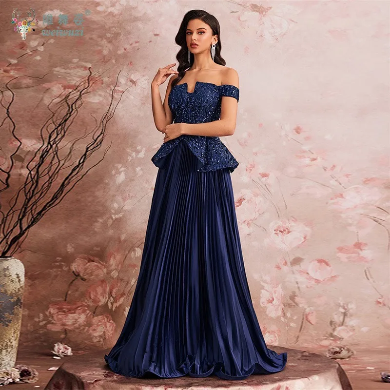 

Элегантные атласные плиссированные вечерние платья без бретелек с блестками, длинные женские роскошные свадебные коктейльные платья для выпускного вечера