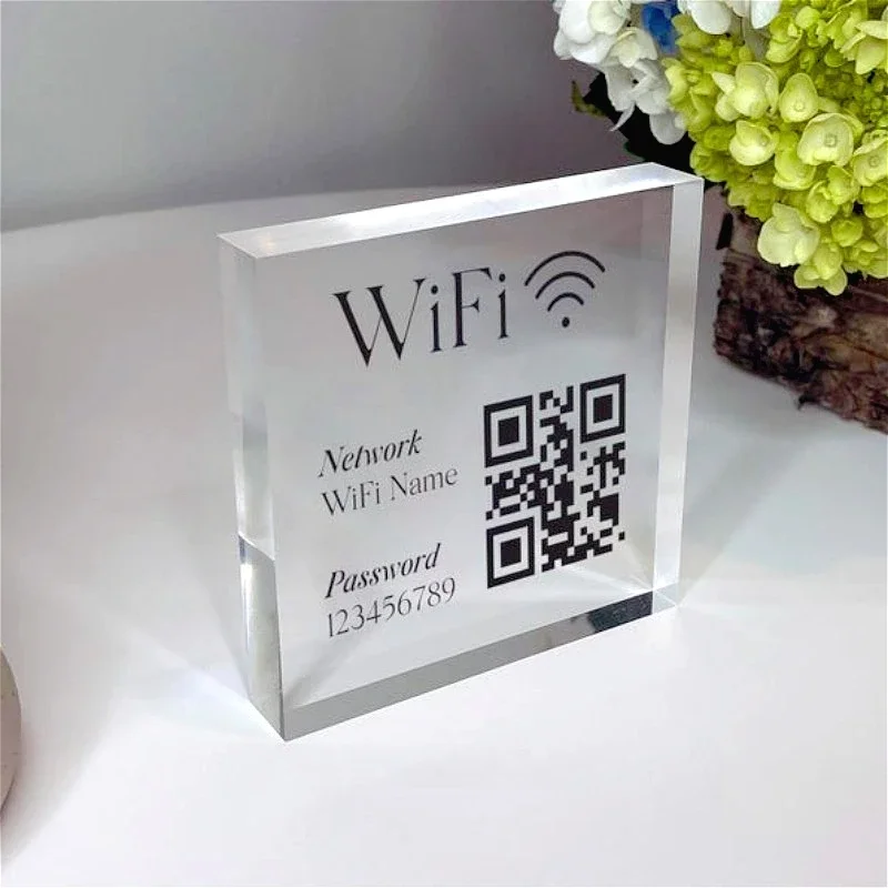 Custom Clear Acrylic Block, WiFi Code Block, WiFi Sign Plate with Network Name Password, Social Media Sign, Scan to Connect WiFi