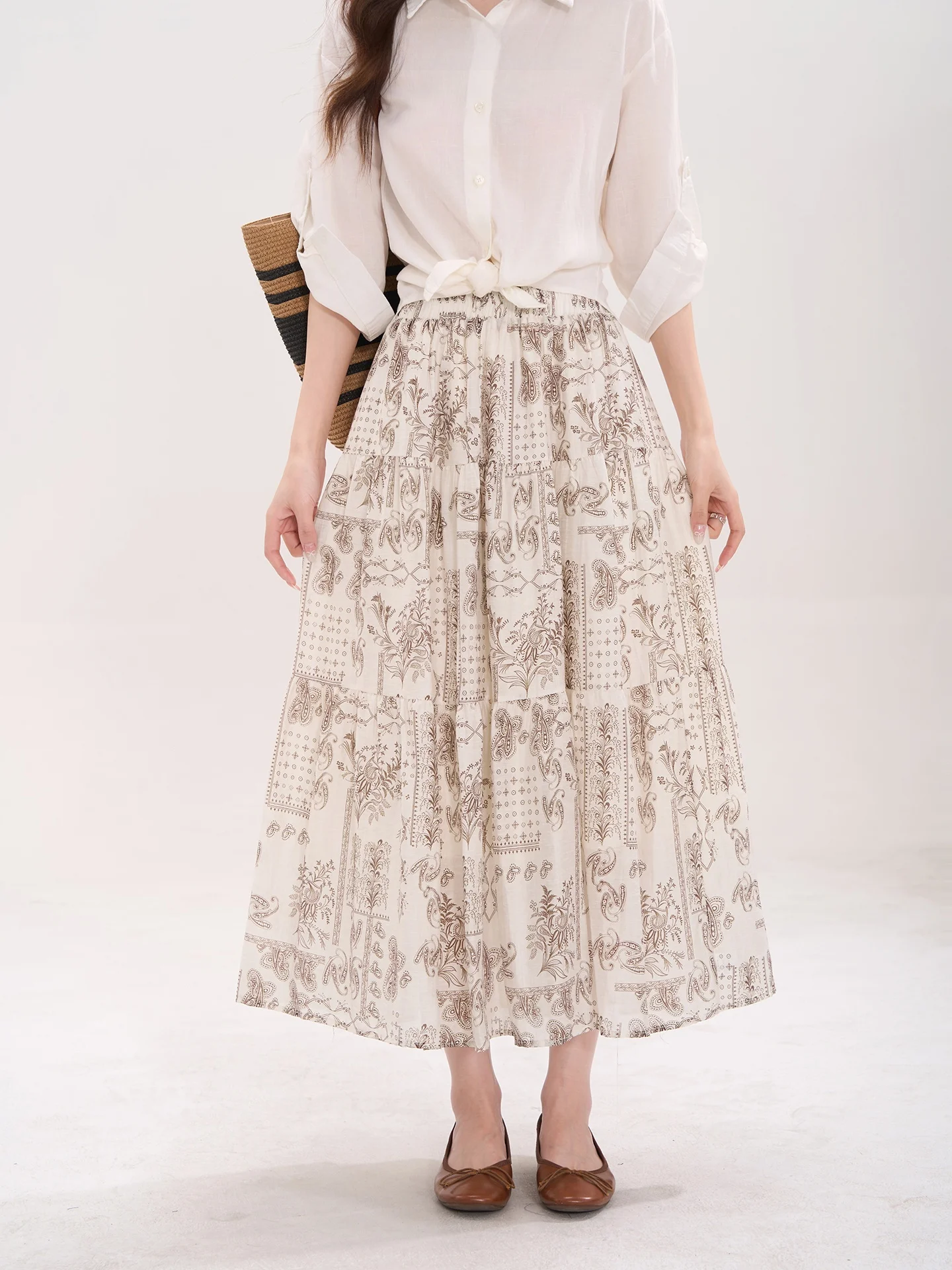 

Юбка миди А-силуэта с высокой талией, с цветочным принтом, изо льна, женская, летняя, модная, элегантная, с эластичным поясом