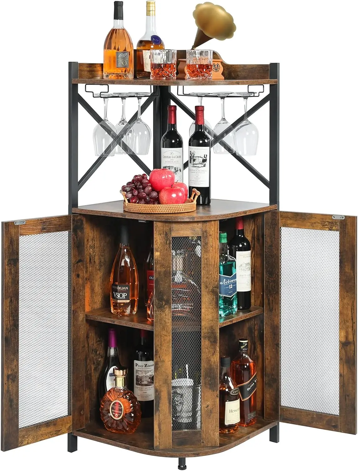 JKsmart-Bar Armário com Suporte de Vidro, Industrial Wine Cabinet com Porta Mesh, Liquor Bar Cabinet com Prateleira Ajustável