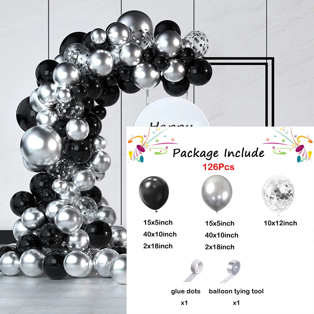 126Pcs Black Balloon Garland Arch Kit Chrome Silver Confetti Latex Balloons Wedding Birthday Party Bridal Baby Shower Decor