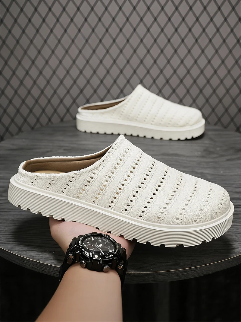 Men's Summer Casual Slip-On Shoes Head Cover Woven Lazy Work Commute  Semi-Slippers Breathable Flat Heel