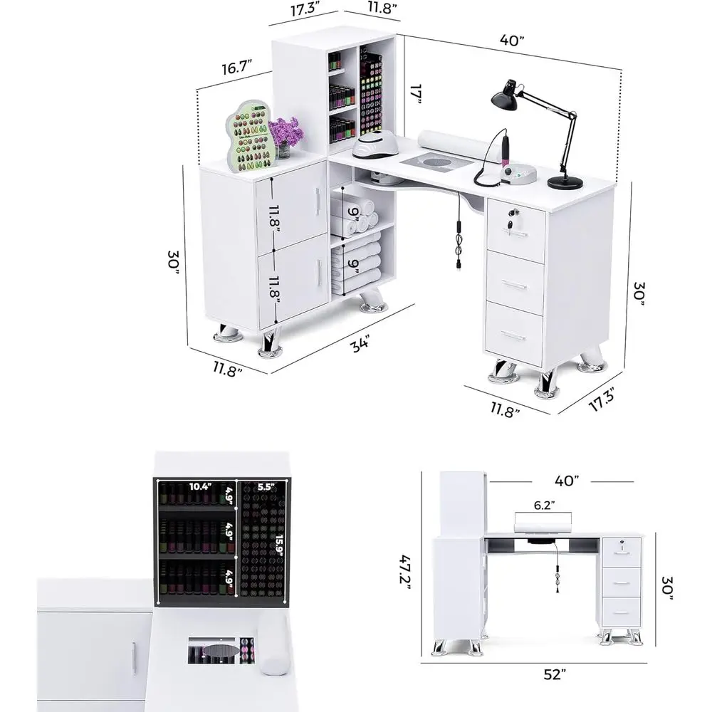 L-Shaped Manicure Station with Dust Collector, Storage, Metal Handles, White Beauty Workstation