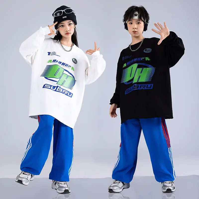 Hip Hop Kinder Cool Drum Kit Junge Jazz Dance Kostüm Mädchen Rundhals Schwarz Weiß Langarm Blau Hosen Anzug
