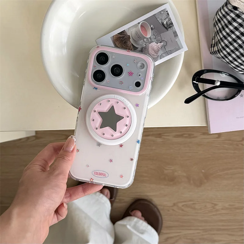 

Kawaii Star Mirror Phone Case For iPhone 15 16 17 Pro Max Pink Frame Shockproof Protective Cover For MagSafe Girls iPhone 17 cas