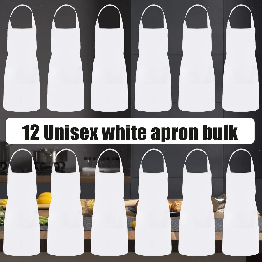 12 قطعة مريلة مريلة مآزر بيضاء السائبة مع 2 جيوب للجنسين مآزر بيضاء عادية للطبخ الخبز شواء صياغة اللوحة قابل للغسل K