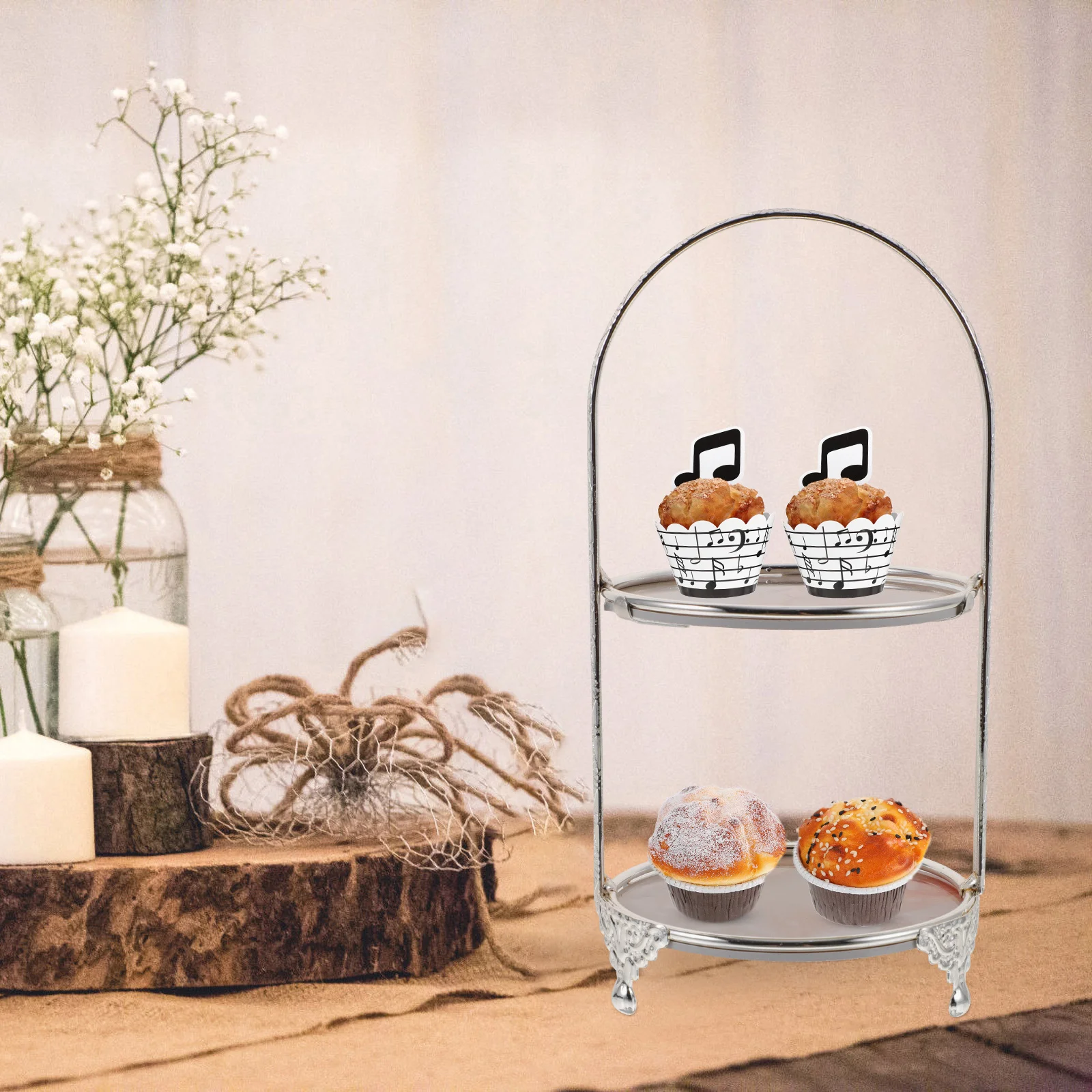 

Cake Stand Double Layer Iron Dessert Serving Tray For Wedding Birthday Party Cupcake Display Tiered Fruit Holder