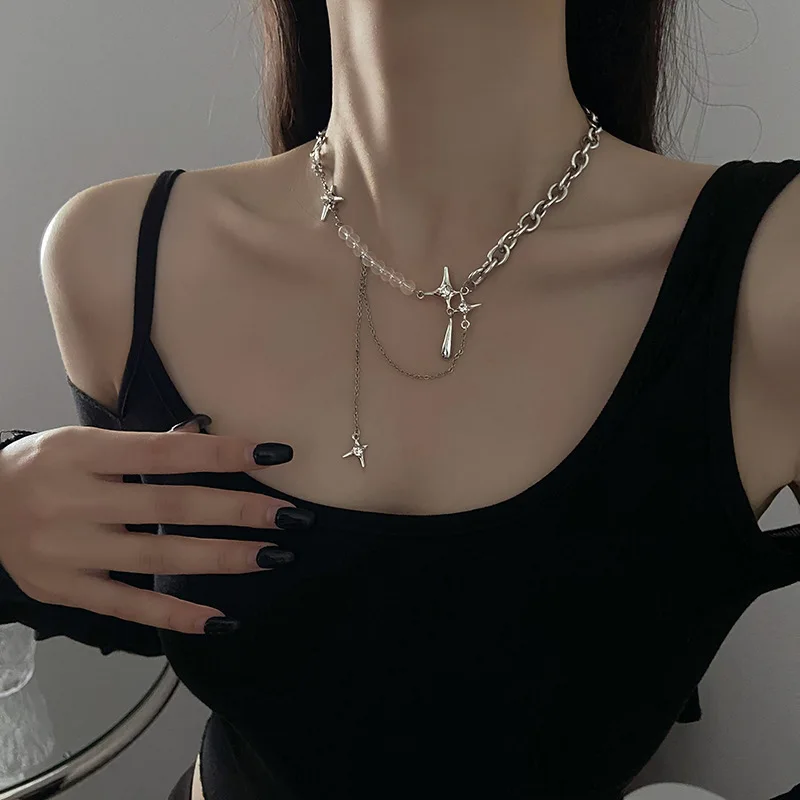 Y2k Irregular Star Chain Necklaces Women's Fashion Transparent Beads Zircon Choker Necklace Kpop Silver Color Summer Jewelry