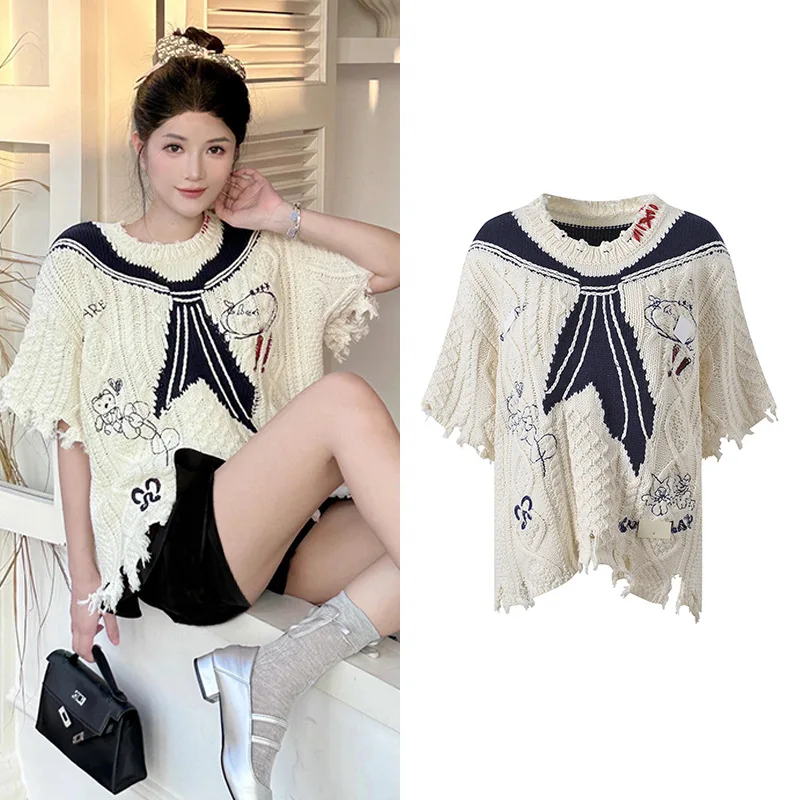 

Autumn 2025 New Loose Knitted Top ort Sve Embroidered Feel Breaktough Woolen Sweater Versatile Commute Sle Women's F...