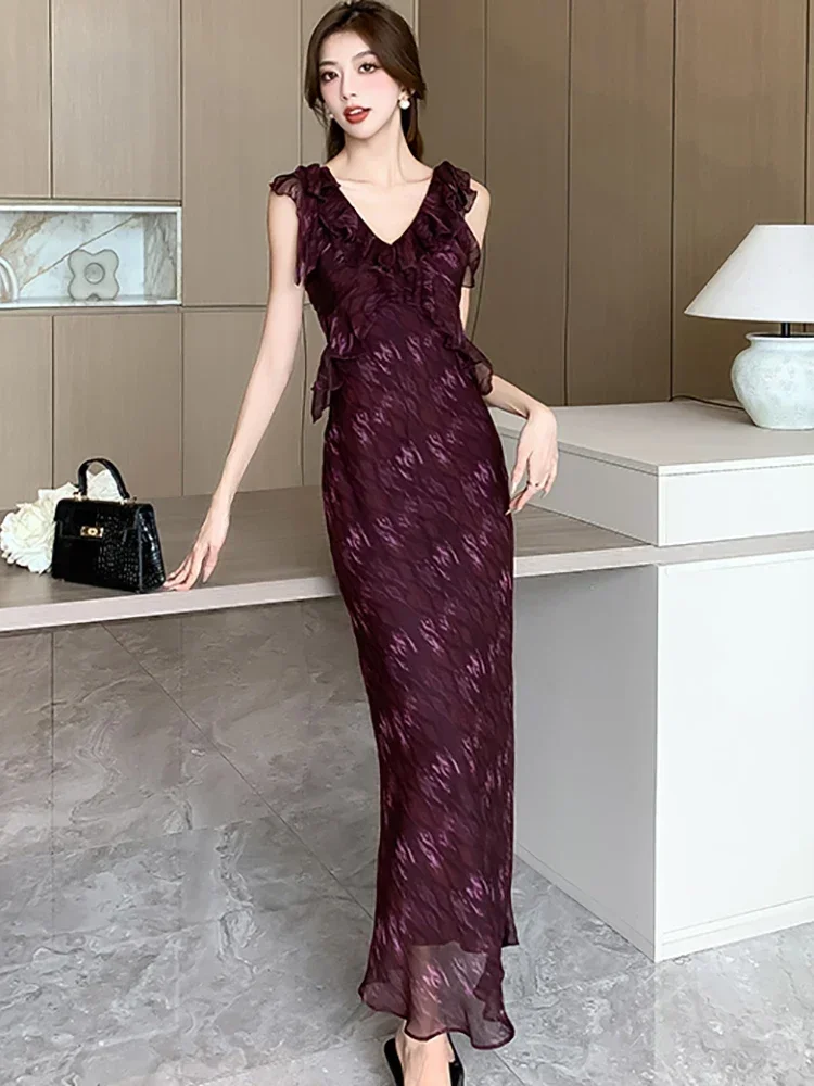 2025 الكورية أنيقة Bodycon فستان المرأة الأرجواني طباعة الشيفون تكدرت الخامس الرقبة الرافعة فستان مثير الصيف موضة فستان مناسبات غير رسمية