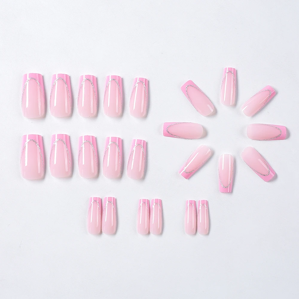 24枚入り グリッターロングバレエピンクフレンチつけ爪 キラキラハートラブアクリルプレスオンネイル フルカバーピンク装着可能フェイクネイル #