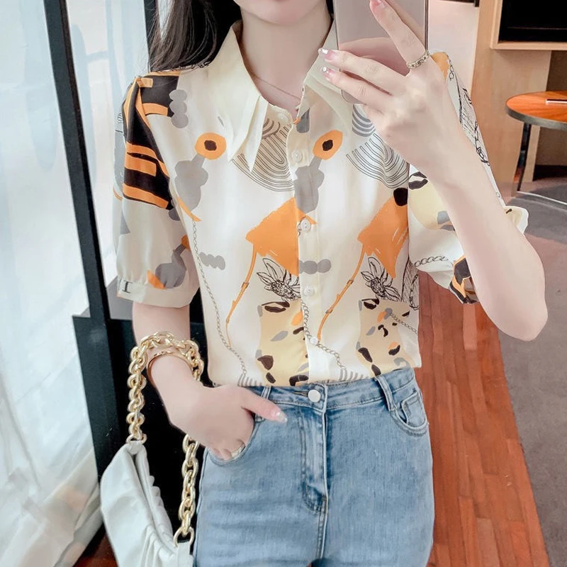 New Summer Short Sleeve Slim Printing Shirt Tops Polo Neck Youth All-match Thin Elegant Blouse Fashion Korean Women Clothing
