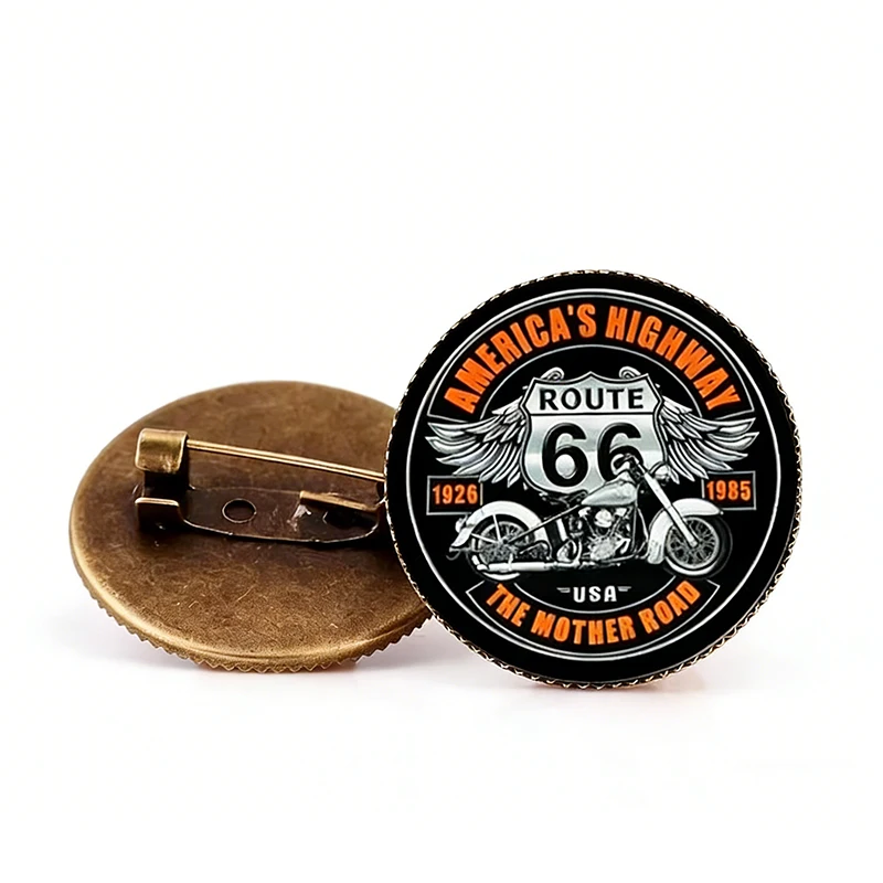USA High Way ROUTE 66 Brooch Pin Vintage Round Motorcycle Glass Brooches For Men Women