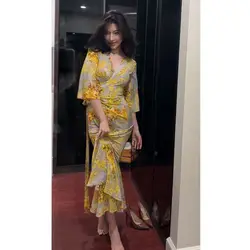 French Style High Waist V-Neck Floral Ruffles Long Dress Mermaid Flare Sleeve Chic And Elegant Woman Party Dress 2024 New
