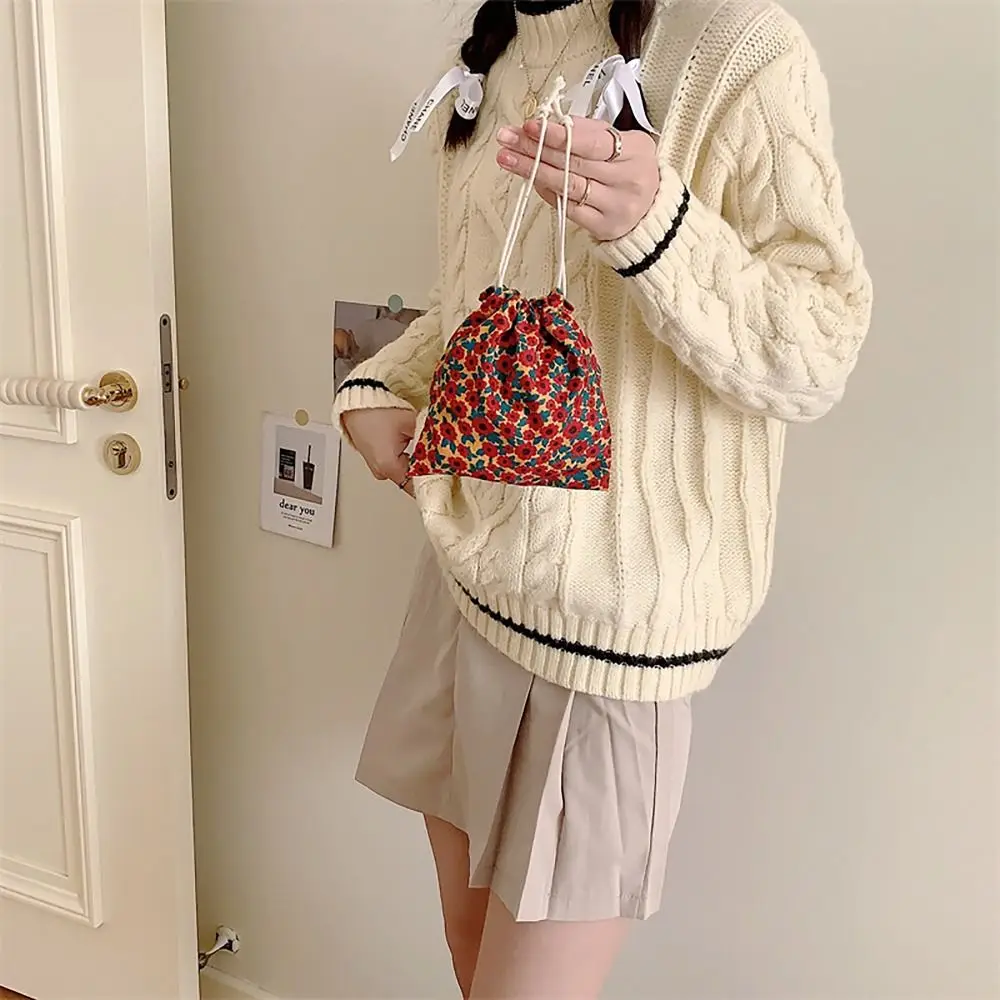 Pastoral Literary Style Printed Linen Drawstring Bag Coin Purse Polyester Vintage Drawstring Pocket Organizer Pouch