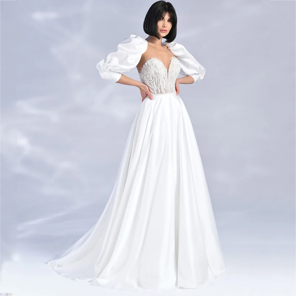 Classic Wedding Dresses Smooth A-line Open Back Sweep Train Sexy Sweetheart Neck High Quality New Fashion Bridal Gown