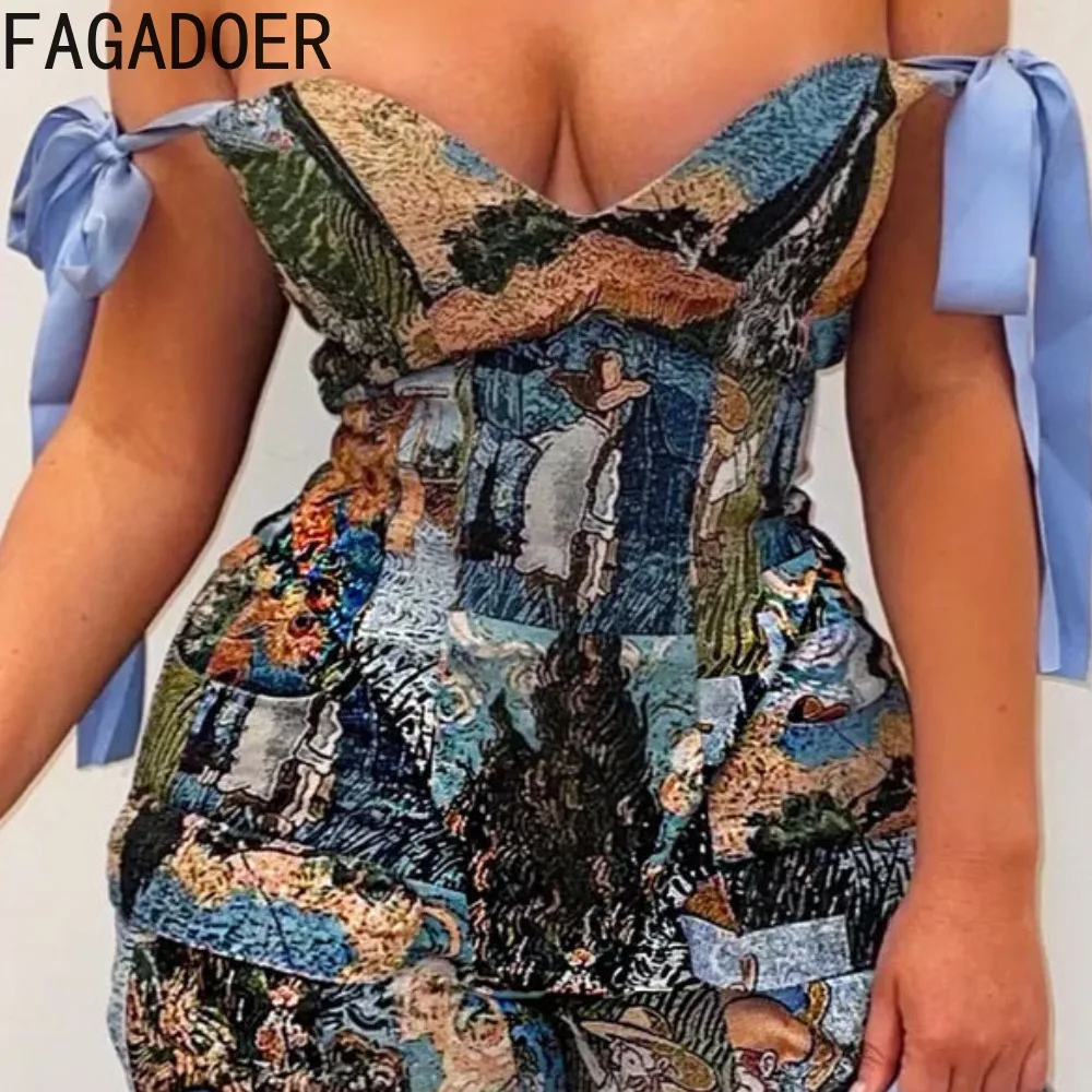 FAGADOER Oil Painting Print 2 Piece Sets Women Outfit Fashion Tube Bandage Top And Straight Pants Suits Streetwear Bottoms New