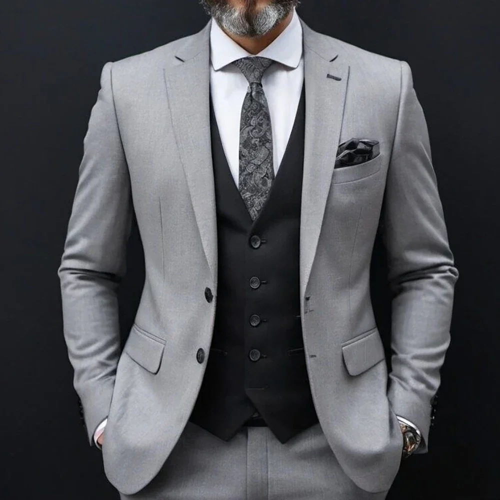 Elegent Grey Suits For Mens Formal Bussiness Blazer Wedding Tuxedo Daily Slim Fit 3 Piece Set Jacket Vest Pants Terno Masculino