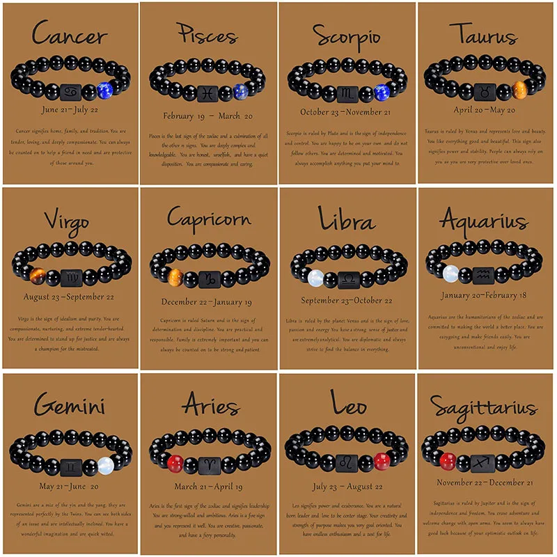 12 Constellation Bracelets Natural Black Onyx Bead Bracelet Star Sign Horoscope Charm Couple Bracelet Friendship Jewelry Gifts