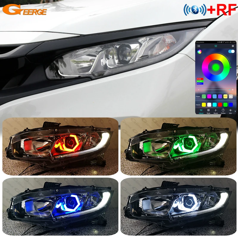 

For Honda Civic 9th 10th 11th Gen BT APP Ultra Bright Multi Color Hexagon Hex RGB LED Angel Eyes Kit Halo Rings Car Accessories