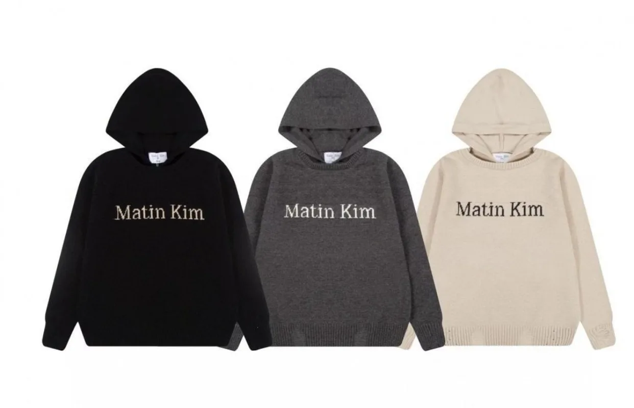 Matin Kim Damage Knit Hoodie Acrylic Wool Pullover Letter Logo Unisex Korean